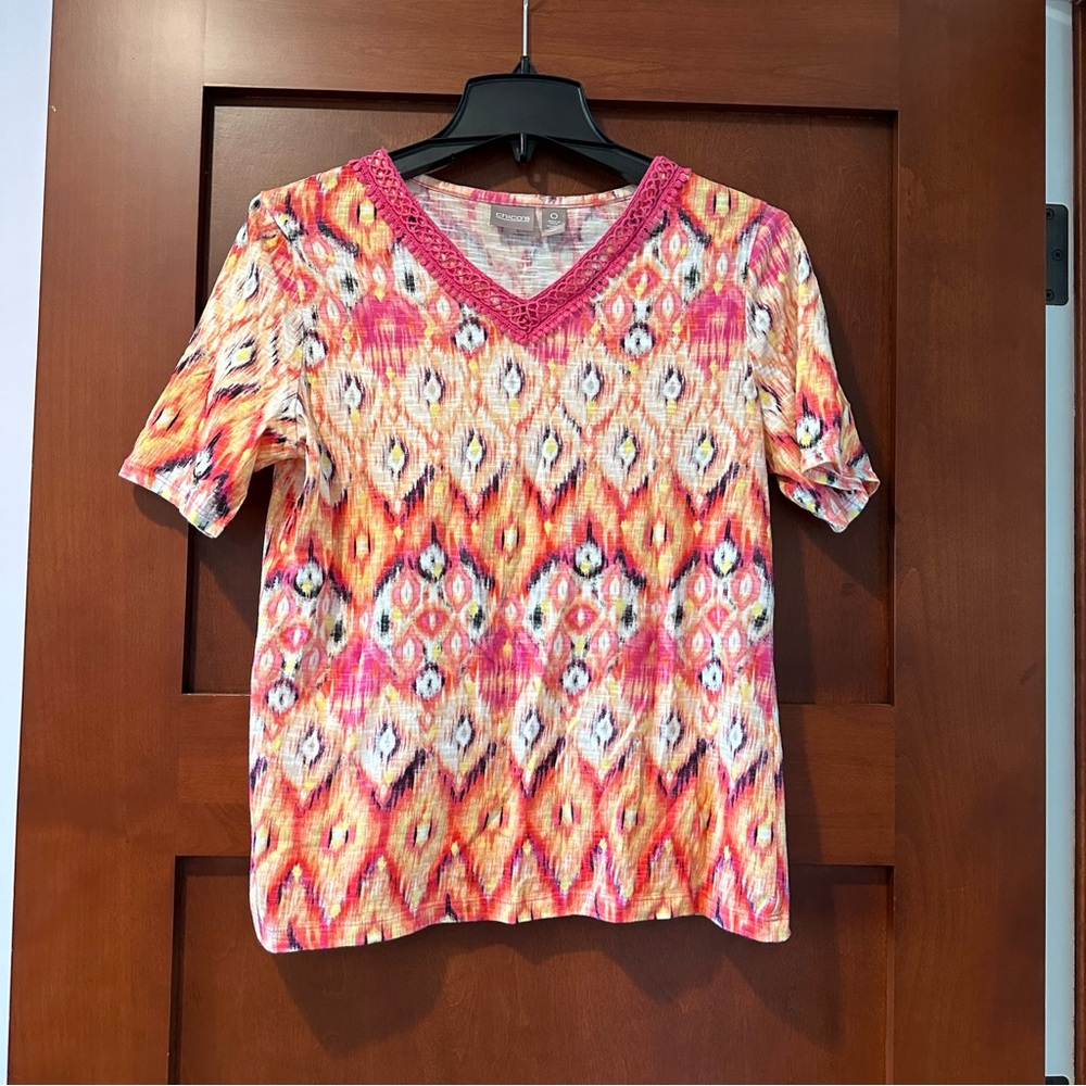 Chico’s Watercolor Crochet Short Sleeve Blouse T Shirt Size 0
